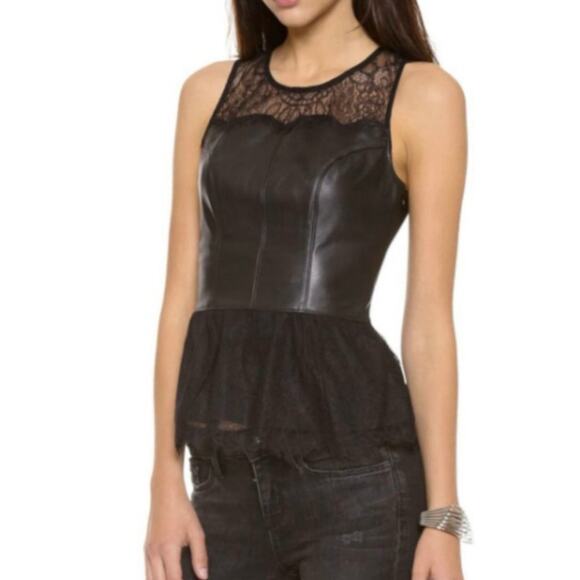 Patterson J. Kincaid Black Sleeveless Lamb Leather & Lace Peplum Top L - Picture 3 of 10